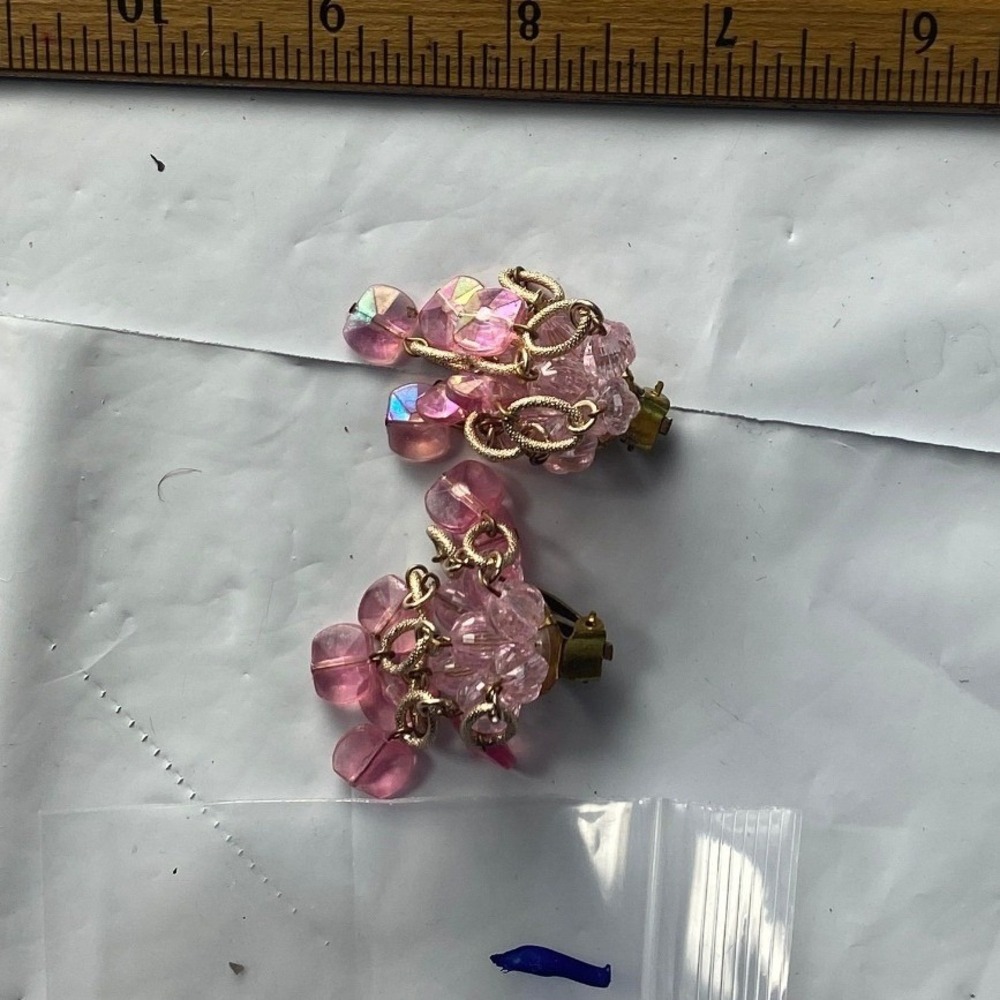 Pink Beaded Cluster Clip On Earrings Dangle Vintage Rhinestone Accents